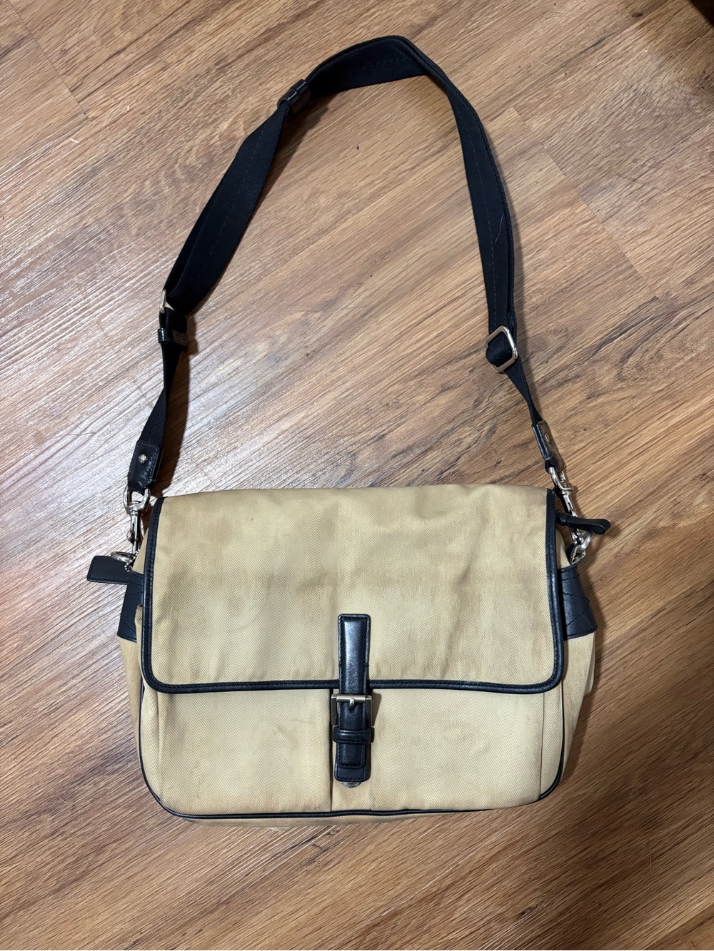 Vintage Coach 7435 Khaki Nylon Messenger Crossbody Bag Black Leather Trim Y2K - Picture 2 of 5